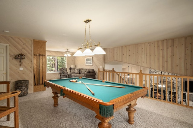 41035 Cold Springs Ln, Shaver Lake, CA 93664 - rec room featuring wooden walls, carpet floors, pool table, and a ceiling fan
