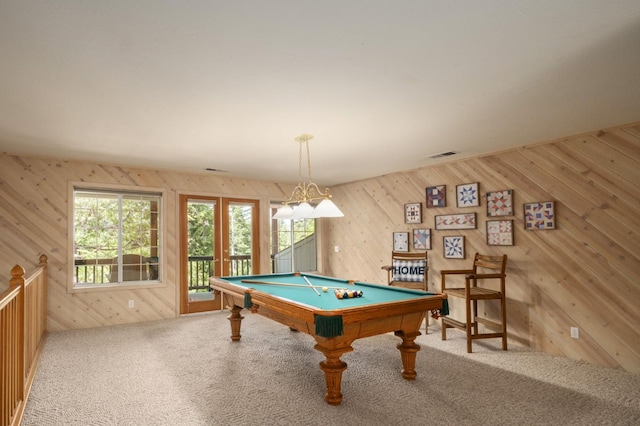 41035 Cold Springs Ln, Shaver Lake, CA 93664 - recreation room with carpet, pool table, and wood walls