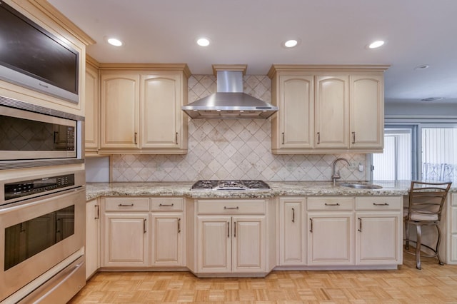 1463 W Browning Ave, Fresno, CA 93711 - kitchen featuring stainless steel appliances, wall chimney range hood, a warming drawer, tasteful backsplash, and recessed lighting