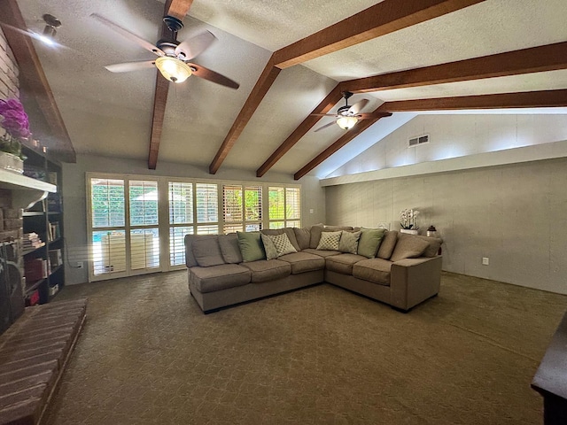 8866 N Ione Ave, Fresno, CA 93720 - carpeted living area featuring ceiling fan, beam ceiling, healthy amount of natural light, a textured ceiling, and high vaulted ceiling
