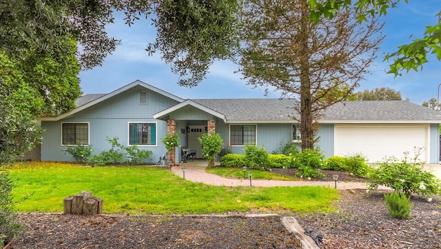 36140 Blanca Ave, Madera, CA 93636 - ranch-style home featuring a garage, a front lawn, a shingled roof, and concrete driveway