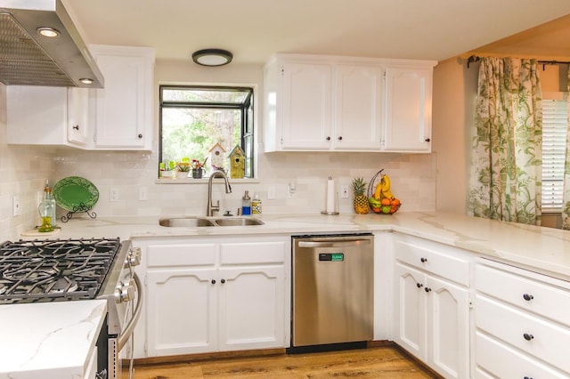 36140 Blanca Ave, Madera, CA 93636 - kitchen featuring stainless steel appliances, wall chimney exhaust hood, a sink, and tasteful backsplash