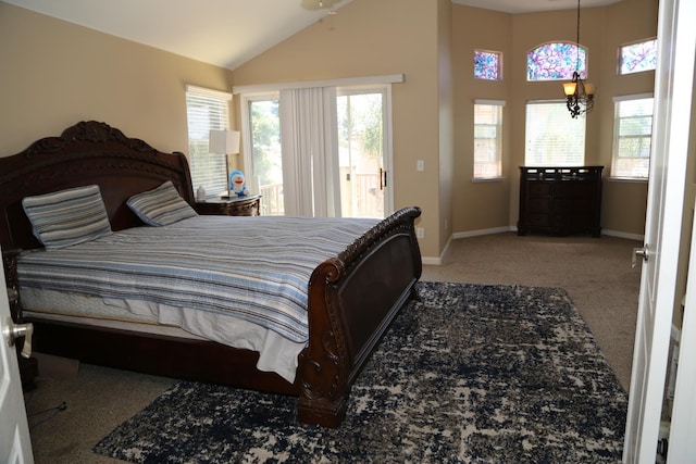 5811 W Cromwell Ave, Fresno, CA 93722 - bedroom featuring carpet, baseboards, access to outside, and high vaulted ceiling