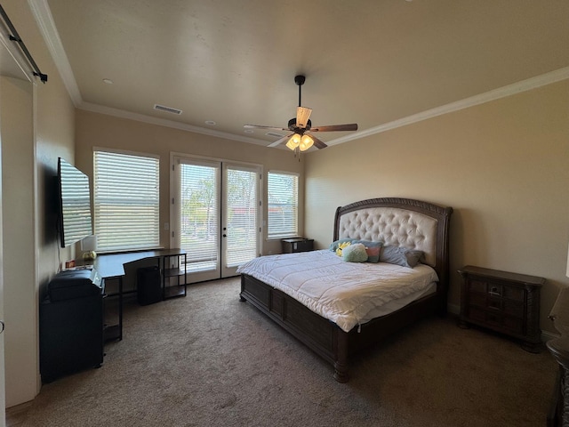 13390 E Falcon Mdw, Clovis, CA 93619 - bedroom featuring access to outside, carpet floors, crown molding, and a ceiling fan