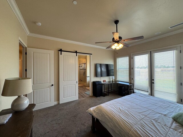 13390 E Falcon Mdw, Clovis, CA 93619 - carpeted bedroom featuring a barn door, ornamental molding, access to exterior, baseboards, and a ceiling fan
