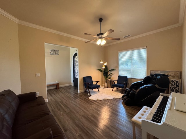 13390 E Falcon Mdw, Clovis, CA 93619 - living room with wood finished floors, crown molding, baseboards, and a ceiling fan