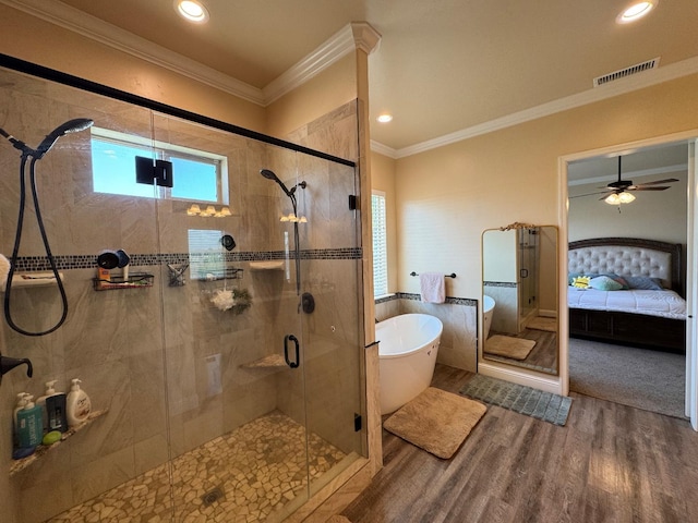 13390 E Falcon Mdw, Clovis, CA 93619 - ensuite bathroom with wood finished floors, a freestanding bath, a shower stall, crown molding, and a ceiling fan