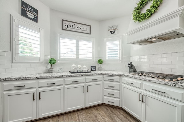 1039 N Burgan Ave, Clovis, CA 93611 - kitchen featuring stainless steel gas cooktop, decorative backsplash, premium range hood, and light wood finished floors