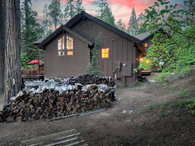 39516 Littleridge Rd, Shaver Lake, CA 93664 - back of house with board and batten siding and a deck