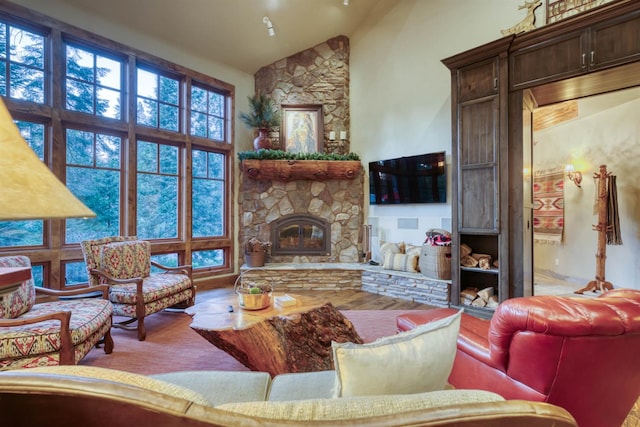 39516 Littleridge Rd, Shaver Lake, CA 93664 - living room with a fireplace and high vaulted ceiling