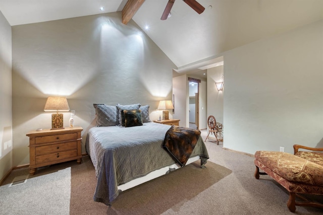 39516 Littleridge Rd, Shaver Lake, CA 93664 - bedroom featuring beamed ceiling, carpet, ceiling fan, and high vaulted ceiling