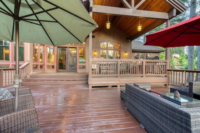 39516 Littleridge Rd, Shaver Lake, CA 93664 - wooden deck with an outdoor hangout area