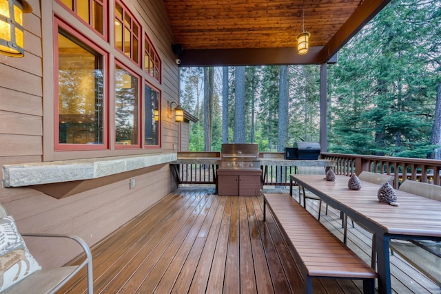 39516 Littleridge Rd, Shaver Lake, CA 93664 - wooden terrace featuring a grill and outdoor dining space