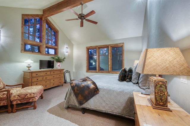39516 Littleridge Rd, Shaver Lake, CA 93664 - bedroom with carpet, high vaulted ceiling, beamed ceiling, and ceiling fan