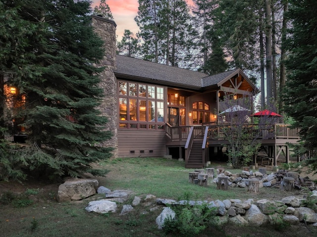 39516 Littleridge Rd, Shaver Lake, CA 93664 - back of property with stairway, a chimney, crawl space, a shingled roof, and a deck