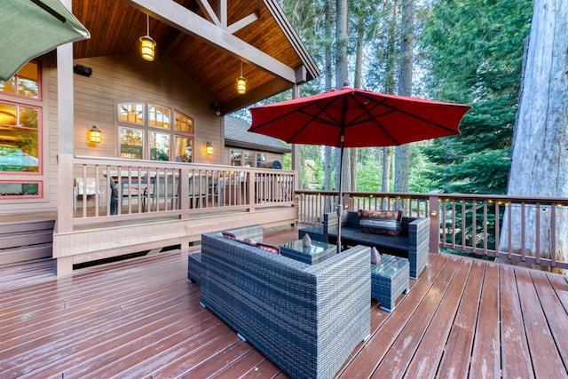 39516 Littleridge Rd, Shaver Lake, CA 93664 - wooden terrace with an outdoor hangout area