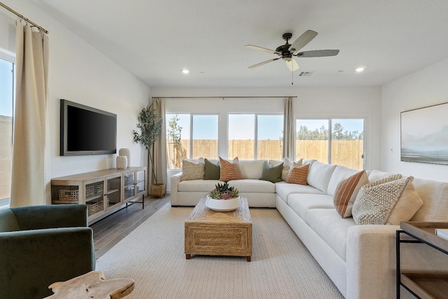 4433 N Phoenix, Fresno, CA 93723 - living room with plenty of natural light, wood finished floors, recessed lighting, and ceiling fan