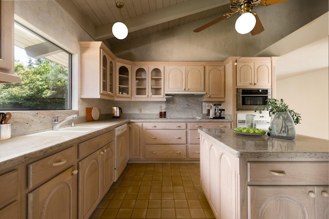 2331 W Celeste Ave, Fresno, CA 93711 - kitchen with stainless steel oven, decorative backsplash, light brown cabinets, a ceiling fan, and glass insert cabinets