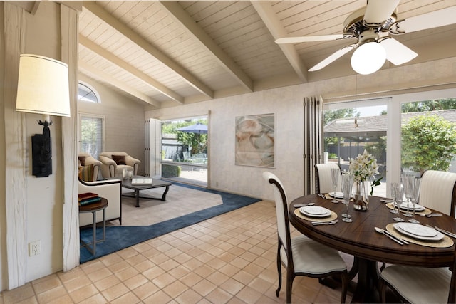 2331 W Celeste Ave, Fresno, CA 93711 - dining space featuring a ceiling fan, light tile patterned floors, and wooden ceiling