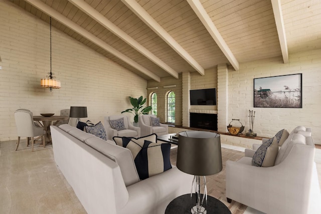 2331 W Celeste Ave, Fresno, CA 93711 - living room featuring an outdoor fireplace, wood ceiling, and brick wall