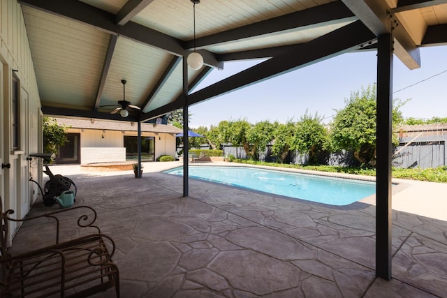 2331 W Celeste Ave, Fresno, CA 93711 - view of swimming pool with a ceiling fan, a jacuzzi, a fenced backyard, and a patio area