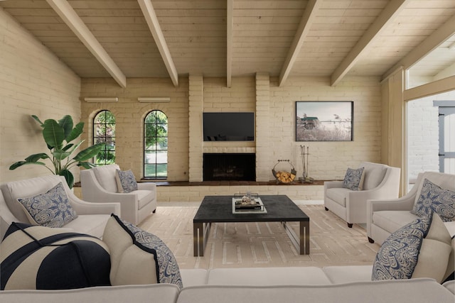 2331 W Celeste Ave, Fresno, CA 93711 - living room with brick wall, wood ceiling with exposed beams, and a fireplace