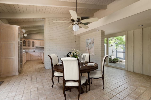 2331 W Celeste Ave, Fresno, CA 93711 - dining area featuring wood ceiling, a ceiling fan, and brick wall