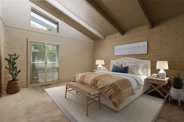 2331 W Celeste Ave, Fresno, CA 93711 - carpeted bedroom featuring access to outside, brick wall, and wooden ceiling