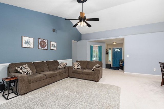 2173 Spruce, Clovis, CA 93611 - living area featuring a ceiling fan, light colored carpet, high vaulted ceiling, and baseboards