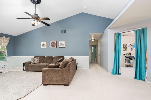 2173 Spruce, Clovis, CA 93611 - living room with carpet, ceiling fan, and high vaulted ceiling
