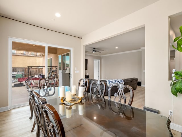 2127 Chennault Ave, Clovis, CA 93611 - dining room featuring light wood-style floors, a ceiling fan, recessed lighting, baseboards, and crown molding