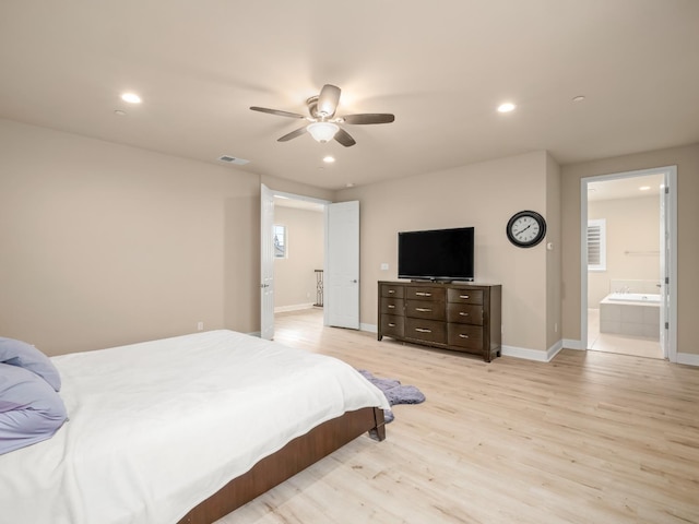 2127 Chennault Ave, Clovis, CA 93611 - bedroom featuring light wood-type flooring, baseboards, recessed lighting, ceiling fan, and connected bathroom