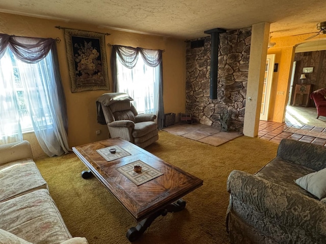 32101 E Trimmer Springs Rd, Sanger, CA 93657 - carpeted living area with a textured ceiling and a wood stove