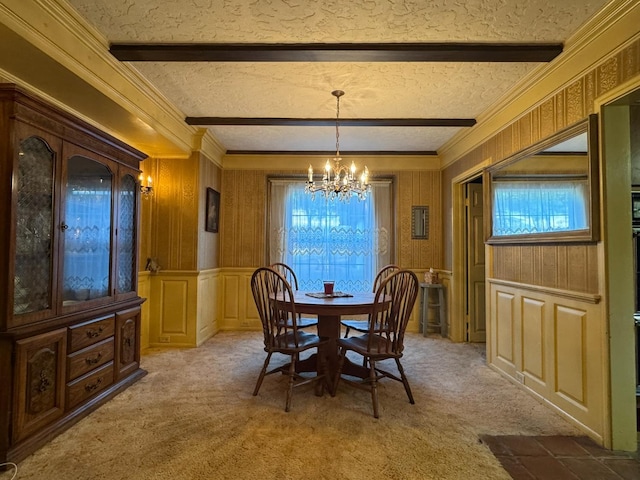 32101 E Trimmer Springs Rd, Sanger, CA 93657 - dining room featuring a chandelier, light colored carpet, plenty of natural light, beamed ceiling, and a decorative wall
