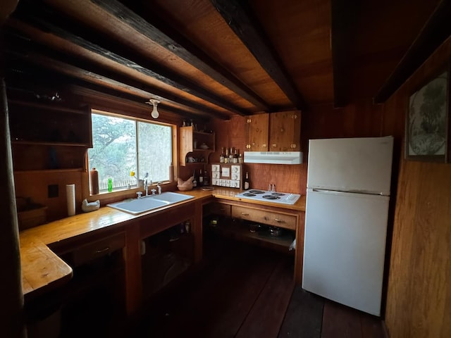 32101 E Trimmer Springs Rd, Sanger, CA 93657 - kitchen with white appliances, under cabinet range hood, dark wood-style floors, and wood walls