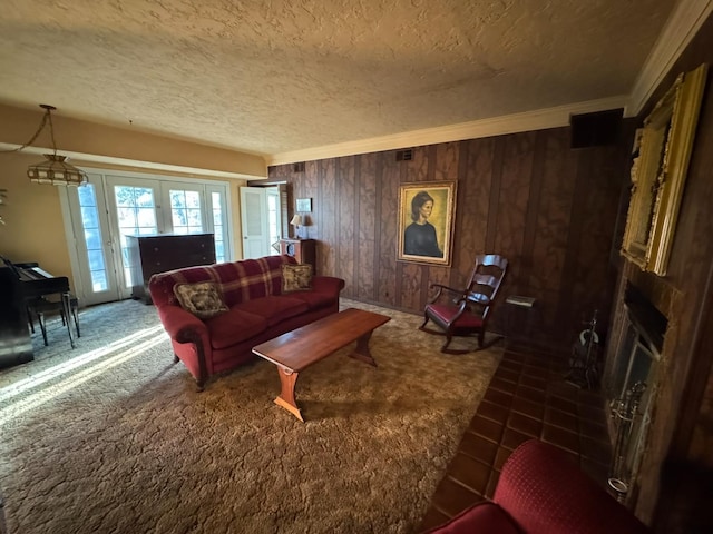 32101 E Trimmer Springs Rd, Sanger, CA 93657 - carpeted living area with a textured ceiling, ornamental molding, and wooden walls