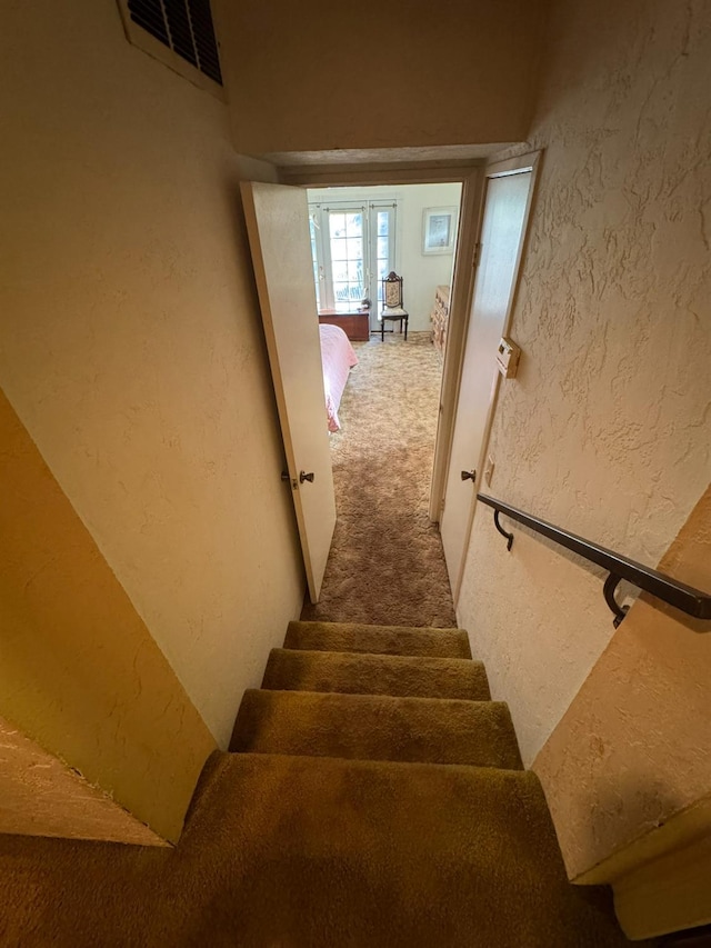32101 E Trimmer Springs Rd, Sanger, CA 93657 - stairway featuring a textured wall and carpet flooring