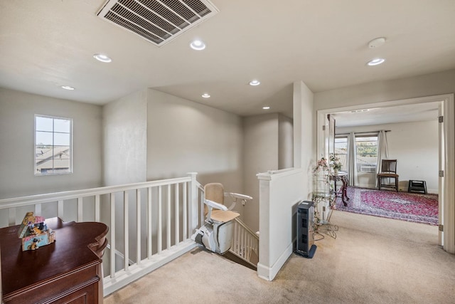 3615 W Sunnyview Ave NW, Visalia, CA 93291 - hall featuring carpet flooring, an upstairs landing, plenty of natural light, recessed lighting, and cooling unit