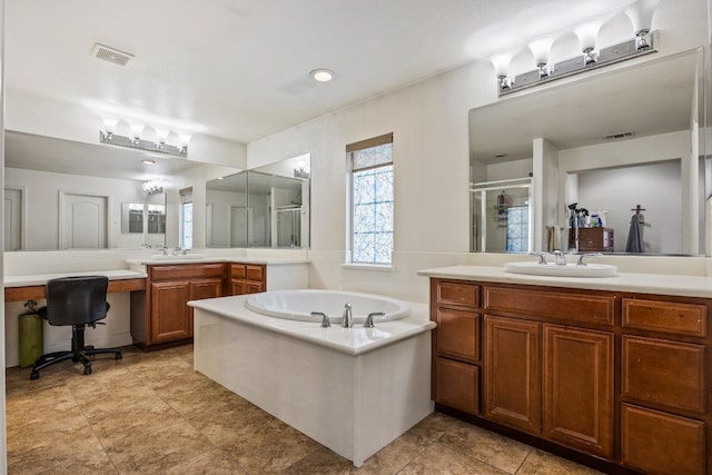 3615 W Sunnyview Ave NW, Visalia, CA 93291 - bathroom featuring a stall shower, a bath, and two vanities