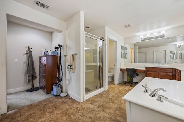 3615 W Sunnyview Ave NW, Visalia, CA 93291 - full bathroom with a shower stall, toilet, vanity, a garden tub, and baseboards