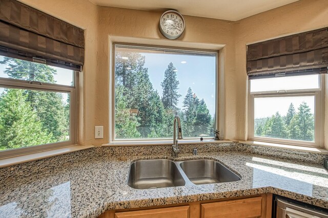 40753 Wild Iris Ln, Shaver Lake, CA 93664 - kitchen with a sink, plenty of natural light, dishwasher, light stone counters, and a textured wall