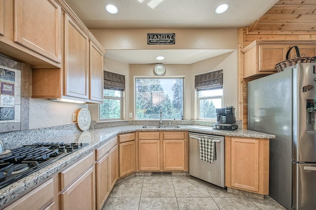 40753 Wild Iris Ln, Shaver Lake, CA 93664 - kitchen featuring appliances with stainless steel finishes, a sink, light brown cabinetry, recessed lighting, and decorative backsplash