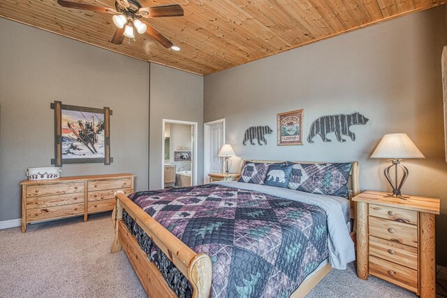 40753 Wild Iris Ln, Shaver Lake, CA 93664 - bedroom featuring wood ceiling, carpet, baseboards, ensuite bath, and a ceiling fan