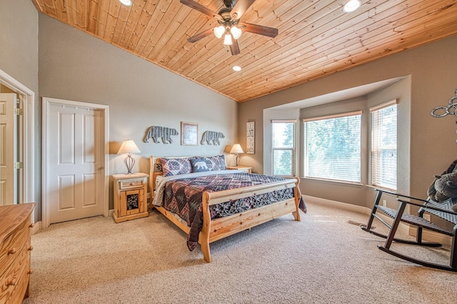 40753 Wild Iris Ln, Shaver Lake, CA 93664 - bedroom featuring wood ceiling, recessed lighting, carpet floors, vaulted ceiling, and baseboards