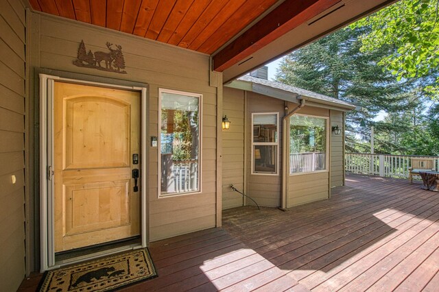 40753 Wild Iris Ln, Shaver Lake, CA 93664 - property entrance with a wooden deck