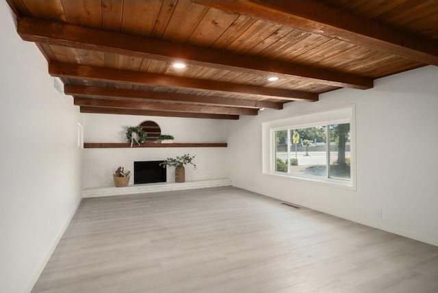 5610 N Arthur Ave, Fresno, CA 93711 - unfurnished living room featuring a wood ceiling with exposed beams, wood finished floors, and a brick fireplace