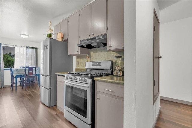650 Tulare St, Parlier, CA 93648 - kitchen with stainless steel appliances, under cabinet range hood, light wood-type flooring, and decorative backsplash