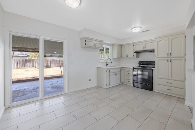 955 W San Gabriel Ave, Clovis, CA 93612 - kitchen with black / electric stove, a sink, light countertops, under cabinet range hood, and baseboards
