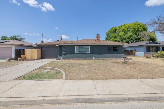 955 W San Gabriel Ave, Clovis, CA 93612 - single story home with an attached garage, stucco siding, driveway, and a chimney