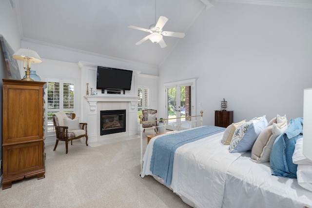 8741 E Los Altos Ave, Clovis, CA 93619 - bedroom with light carpet, a glass covered fireplace, high vaulted ceiling, beamed ceiling, and a ceiling fan